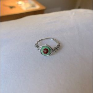 Green and brown bead silver wire-wrapped ring